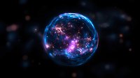 Glowing cosmic sphere with vibrant blue and purple nebula effects floating in dark space, magical energy orb with luminous plasma swirls and light particles.
