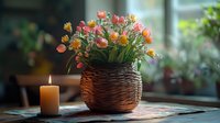 Spring wildflowers arrangement in rustic woven basket with glowing candle on wooden table near window, creating cozy home atmosphere in soft natural light.