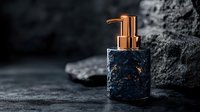 Luxury soap dispenser with copper pump on textured black stone base against dark moody background, elegant bathroom accessories for spa and wellness decor.