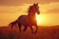 Majestic brown horse galloping through golden grassland at sunset with flowing mane and tail against dramatic orange sky creating powerful silhouette in nature.