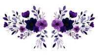 Symmetrical floral arrangement with purple and navy anemone flowers, delicate leaves and branches in watercolor style on white background, suitable for wedding design.