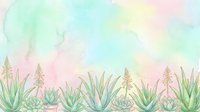 Soft watercolor background with aloe vera and succulent plants in pastel pink, mint green, and peach tones, perfect for banners and cards.