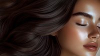 Young mixed race woman with glowing skin, closed eyes and flowing dark brown wavy hair against dark background. Professional beauty and haircare concept.
