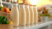 Fresh milk bottles in row on kitchen counter with warm morning light, selective focus on foreground bottle creates depth, blurred fruit basket background.