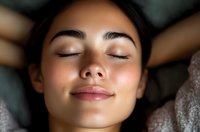 Young Asian woman with closed eyes and serene expression during spa treatment, showing glowing skin and natural makeup in soft lighting.