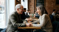 Senior couple enjoying coffee date in cozy brick cafe, mature man and woman having intimate conversation over hot beverages in warm restaurant setting.