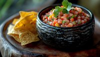 Fresh homemade salsa with diced tomatoes, onions, and cilantro served in rustic black bowl alongside crispy corn tortilla chips on wooden surface in moody lighting.