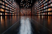 Dramatic perspective view of library bookshelves with glowing lights creating magical atmosphere. Reflective floor adds depth and mystery to academic setting.