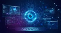 Digital eye with circuit patterns and security locks on dark blue background representing cybersecurity technology and data protection systems.