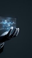 Hand holding transparent digital display with glowing sound waves, audio frequency graphs and data visualization on dark background for technology and innovation concepts.