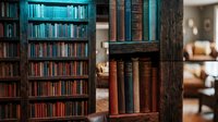 Cozy home library interior with floor-to-ceiling wooden bookshelves filled with colorful books, warm lighting creating inviting reading atmosphere.