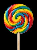 Colorful spiral lollipop with red, yellow, blue, and green swirls on wooden stick, isolated on transparent background. Ready for clipart, t-shirt designs, stickers, and print-on-demand products.