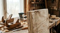 Wooden plank with natural grain texture in traditional carpentry workshop with vintage hand tools and wood shavings scattered on workbench.