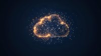 Glowing cloud shape formed by connected dots and lines on dark background, representing digital cloud computing and network connectivity concept.
