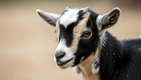 Young goat kid with black white brown markings looking at camera on farm background for agriculture livestock breeding concepts.