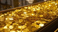 Shiny golden coins piled in display case creating luxurious treasure background with warm glowing reflections and rich metallic texture. Wealth concept.