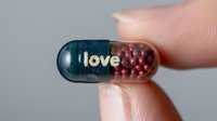 Transparent capsule pill with "love" text and red beads inside held between fingers, symbolizing emotional healing or pharmaceutical concept.
