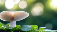 White mushroom growing on mossy forest floor with green bokeh background in natural woodland environment for organic nature designs.