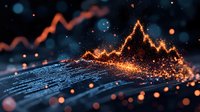 Glowing orange line graph with sparkling particles against dark background shows financial market data visualization with dynamic lighting effects.