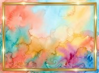 Watercolor abstract background with soft blending of coral, turquoise, yellow, and pink hues, framed with gold border, suitable for invitations and design projects.