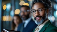 Confident mature African American businessman in green blazer and glasses with salt and pepper beard against blurred office background with bokeh lights.