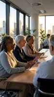 Diverse women in business attire seated at wooden table during corporate meeting in modern high-rise office with city skyline views through floor-to-ceiling windows, suitable for corporate training and HR materials.