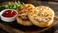 Golden potato cakes with crispy edges served on wooden board with tomato sauce and fresh herbs, ready for appetizer or side dish.
