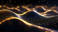 Glowing golden waves with sparkling particles flow through dark space creating magical atmosphere. Abstract background for luxury design projects.