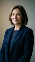 Mature woman with shoulder-length brown hair and fair complexion wearing navy blazer over dark shirt, professional headshot for corporate, business, and executive portraits.