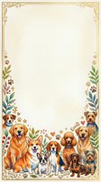 Watercolor dog breeds frame with golden retriever, corgi, beagle, poodle and dachshund, paw prints, bones and floral decor, copy space.