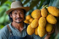 Asian farmer in straw hat and overalls showing fresh durian fruits on tree branch, proud harvest moment against green tropical foliage background.