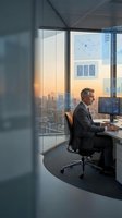 Professional businessman working at computer in modern office with city skyline view during sunset for corporate and business presentations.