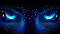 Glowing blue eyes emerging from darkness with digital particle effect, creating mysterious and futuristic appearance against black background.