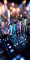 Glowing financial chart bars rise from digital surface with bokeh lights background, showing market data visualization and trading analytics in futuristic style.