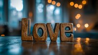 Love spelled out in wooden letters on wet surface with bokeh city lights in background, suitable for romantic greeting cards, wedding invitations, and Valentine's Day marketing materials.