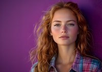 Young woman with natural red curly hair and freckles wearing plaid shirt poses against purple wall background in warm evening light creating atmospheric portrait.