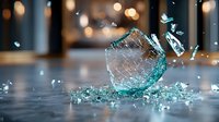 Shattered turquoise glass with flying fragments captured in dynamic motion against blurred bokeh background. Dramatic high-speed photography showcases frozen moment of destruction.