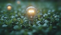 Glowing light bulb surrounded by green leaves symbolizing eco-friendly innovation, renewable energy solutions, and sustainable technology for environmental projects.