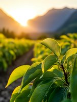 Fresh green leaves backlit by golden sunset light in agricultural field with mountains silhouette in background, creating peaceful rural landscape atmosphere.