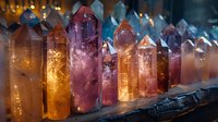 Glowing crystal quartz points in various colors from amethyst to citrine arranged in row with bokeh light effect creating magical spiritual atmosphere.
