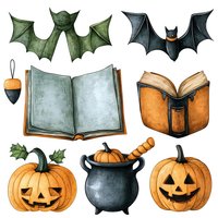 Watercolor Halloween elements with bats, open books, jack-o-lanterns, cauldron, and autumn decorations for seasonal designs.