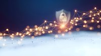 Cybersecurity shield protection with glowing network connections and digital data flow on gradient background for technology and security concepts.