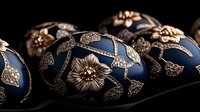 Luxurious navy blue Easter eggs decorated with intricate golden floral patterns and metallic ornaments on dark background, creating elegant holiday composition.