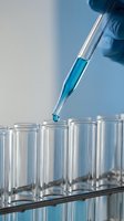 Laboratory pipette dispensing blue liquid into test tubes for scientific research and chemical analysis experiments.
