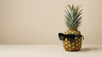 Cool pineapple wearing black sunglasses on neutral beige background with copy space for summer vacation tropical fruit concept and creative design projects.