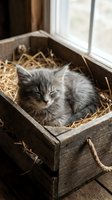 Adorable gray tabby kitten sleeping peacefully in rustic wooden crate filled with straw near sunny window creating cozy farmhouse atmosphere for pet care content.