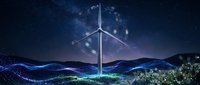 Wind turbine generating clean energy under starry night sky with Milky Way galaxy over rolling hills and wildflowers for sustainable power concepts.