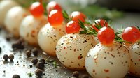 Quail eggs topped with red caviar, fresh dill and black pepper in row. Elegant appetizer with selective focus and natural lighting on dark surface.