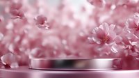 Pink cherry blossom flowers create dreamy backdrop for elegant metallic product display platform perfect for cosmetics jewelry luxury goods marketing.
