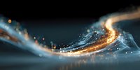 Abstract glowing wave of golden and blue light particles flowing against dark background, creating dynamic motion effect with bokeh elements.